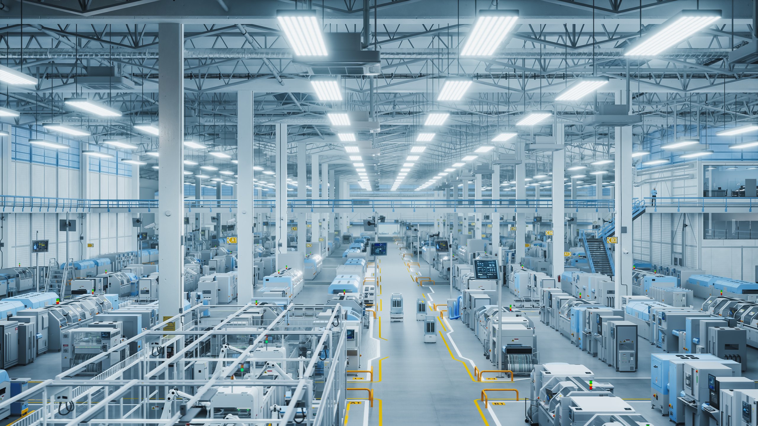 Modern manufacturing plant interior with excellent LED industrial lighting